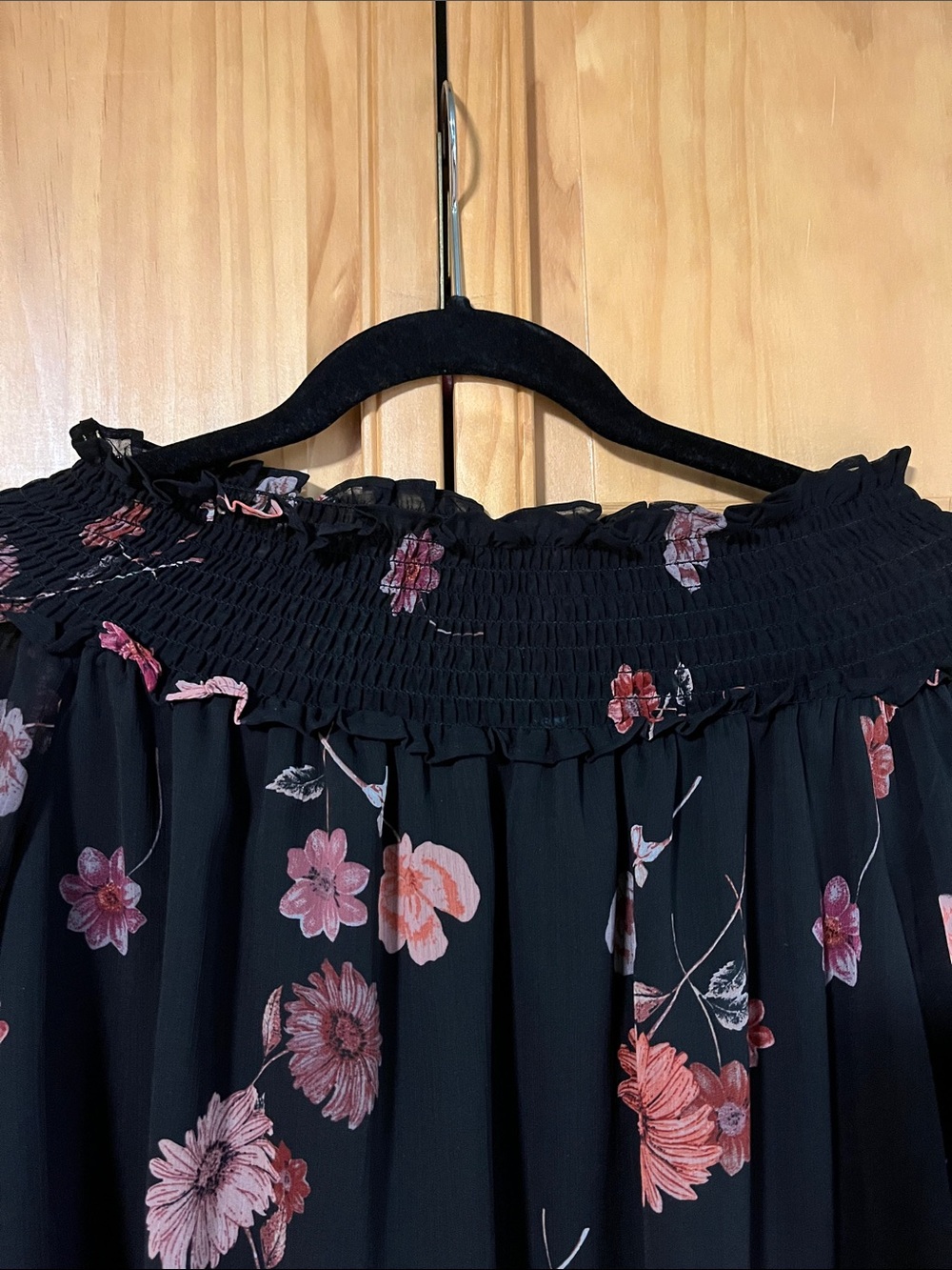 CeCe Black Floral Smocked-Neck Blouse with Pink Flowers - Picture 5 of 6